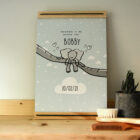 A4 poster met lijst waar je de naam en geboorte datum van het kindje op kunt zetten. Deze poster is met een olifantje