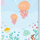 Wenskaart verjaardag kind met daarop vrolijke kwallen, een rog en nog veel meer zeediertjes