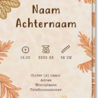 Achterkant geboortekaartje Giraffe met plek voor de naam, geboortetijd, gewicht etc