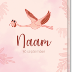 Geboortekaartje flamingo. Roze langwerpig kaartje met daarop een flamingo en aan de zijkanten roze takken en een zonnetje