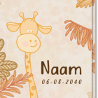 Geboortekaartje giraffe. Langwerpig enkel kaartje met daarop een Giraffe en aan de zijkanten mooie blaadjes