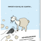 Kaart over energiecrisis met daarop een schaap dat in de winter wordt geschoren vanwege zijn warme vacht