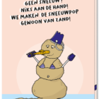 Voorkant Kerstkaarten met een knipoog, A6 formaat met een illustratie van een sneeuwpop van zand