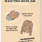 Voorkant wenskaart energiecrisis met daarop een kippenborst met veren en een trui met kippenveren